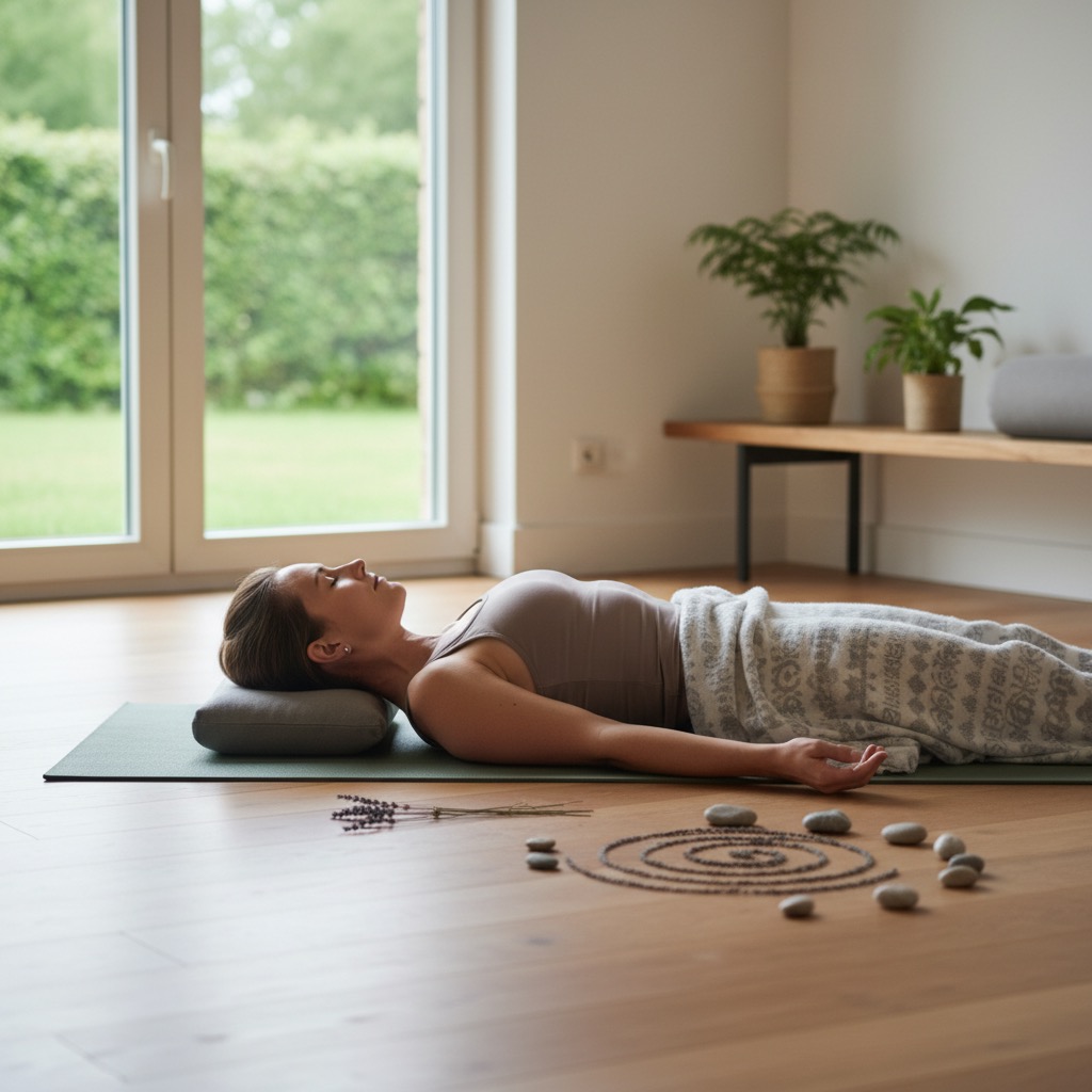Eine Frau liegt entspannt mit geschlossenen Augen auf einer Yogamatte auf dem Boden.